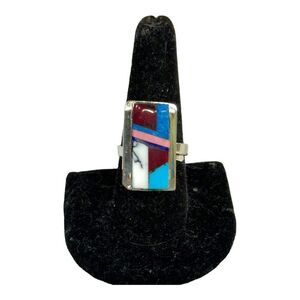 Zuni Native American Turquoise Howlite Onyx Inlaid Ring Sterling Sign Nez 8.25